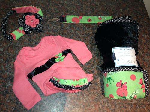 Onesie with Coral, Green, Black, coordinating Pacifier Clip, Headband & Blanket (girl)