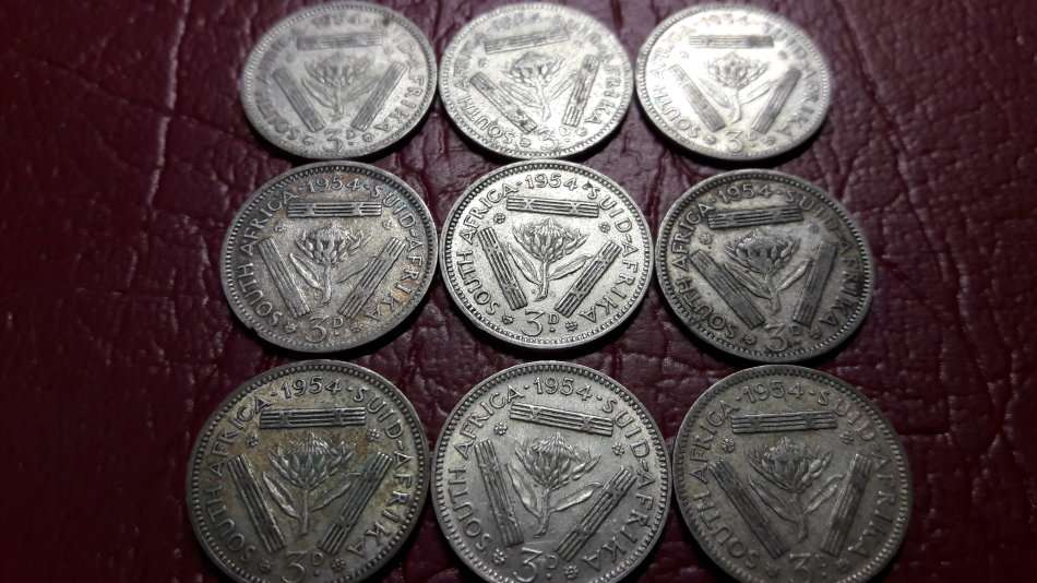 9 x 1954 3d Tickey Penny