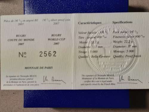 2007 1 ½ Euro Rugby World Cup SILVER MEDALLION RARE AND SOUGHT AFTER  22.8 g