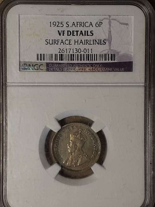 1925 SA UNION 6 PENCE NGC GRADED VF DETAILS