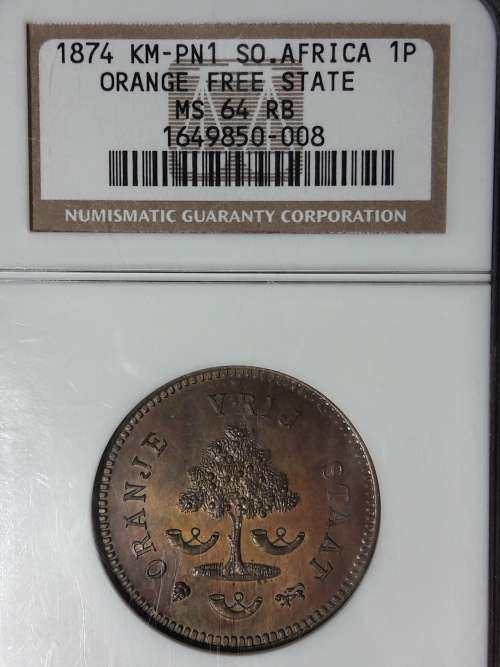 1874 ORANGE FREE STATE PATTERN COIN. NGC GRADED MS 64 RB