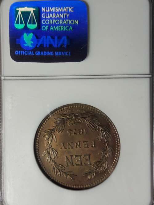 1874 ORANGE FREE STATE PATTERN COIN. NGC GRADED MS 64 RB