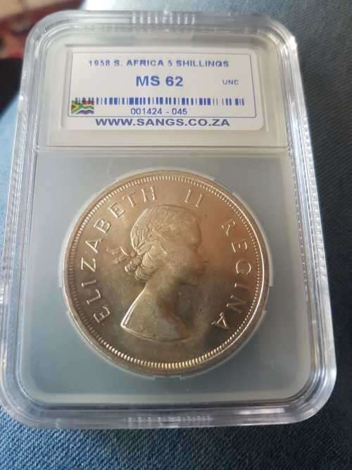 1958 SA UNION SILVER 5 SHILLINGS SANGS GRADED MS 62
