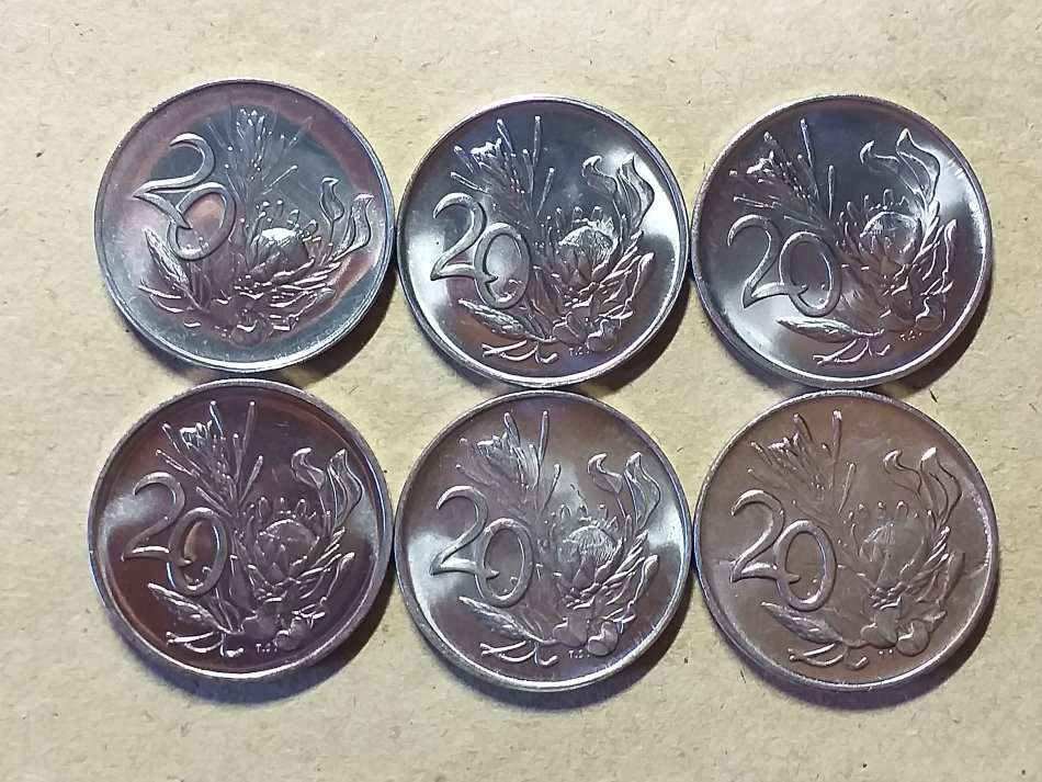 A LOT OF 6 RSA NICKEL 20 CENTS [DIFFERENT DATES IN MINT STATE] (One bid for all)
