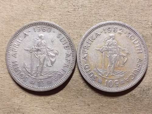 1960 AND 1962 RSA SILVER SHILLING / 10 CENT [One bid for both]