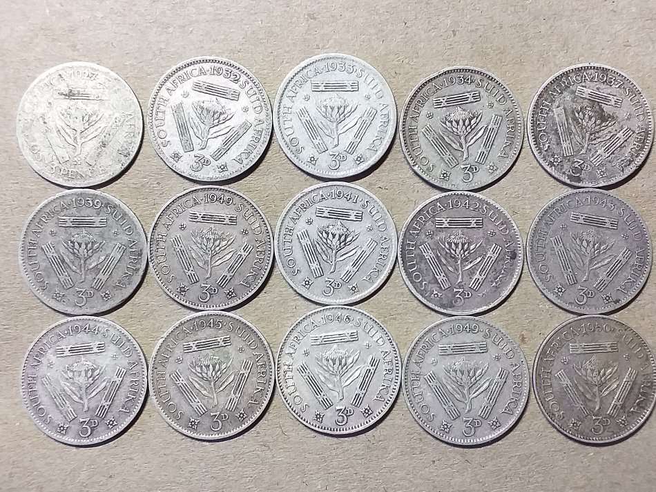 15 x SA UNION SILVER THREEPENCE [Different dates]