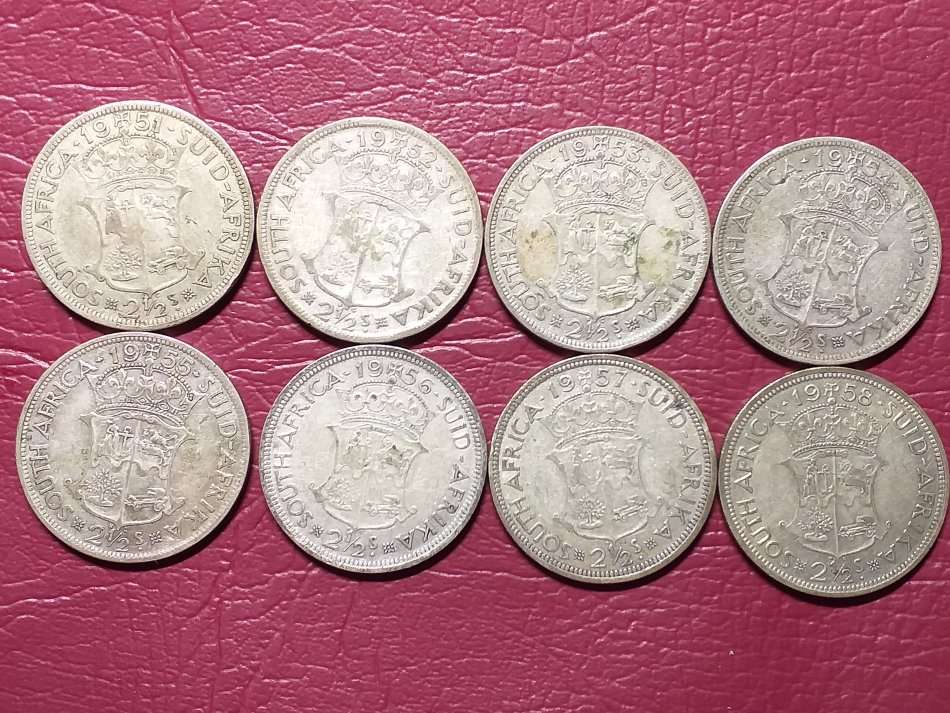 8 x SA UNION SILVER [50%] 2.5 SHILLINGS - DIFFERENT DATES [Bid per coin to take all]