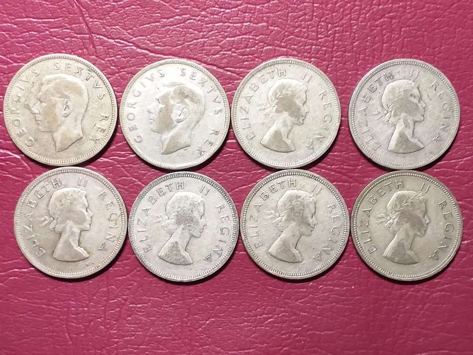 8 x SA UNION SILVER [50%] 2.5 SHILLINGS - DIFFERENT DATES [Bid per coin to take all]