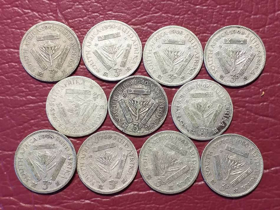 11 x SA UNION SILVER [80%] THREEPENCE [One bid for all]