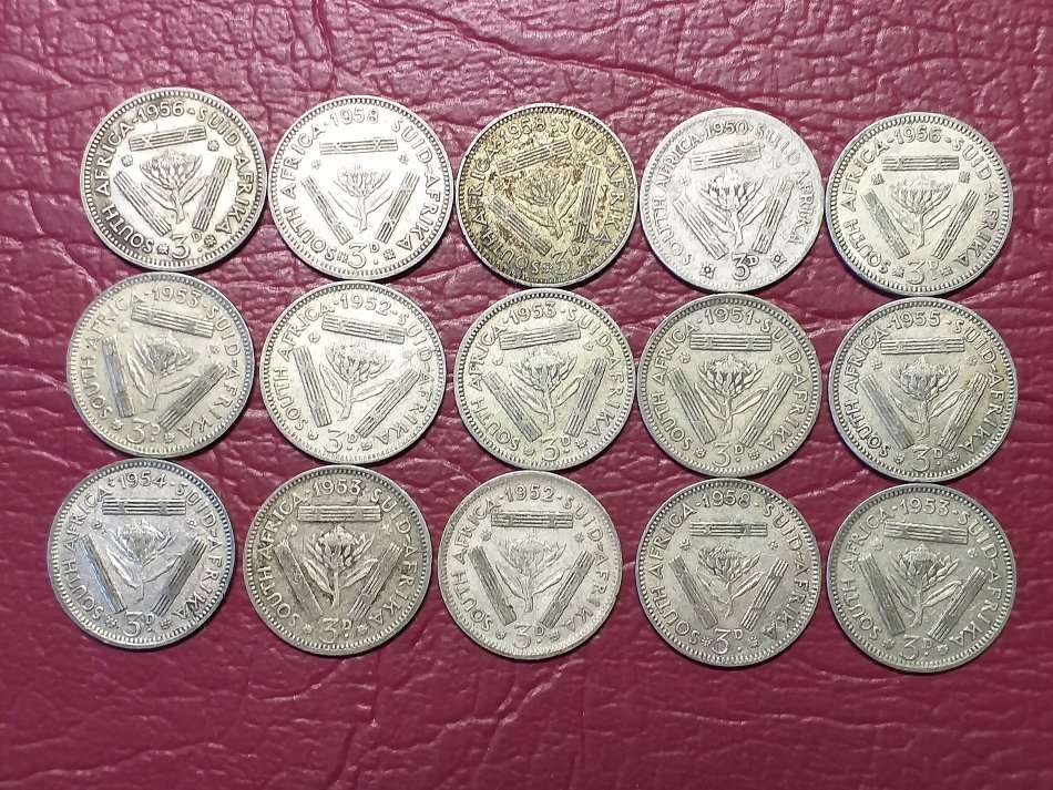 15 x SA UNION SILVER [50%] THREEPENCE [Bid per coin to take all]