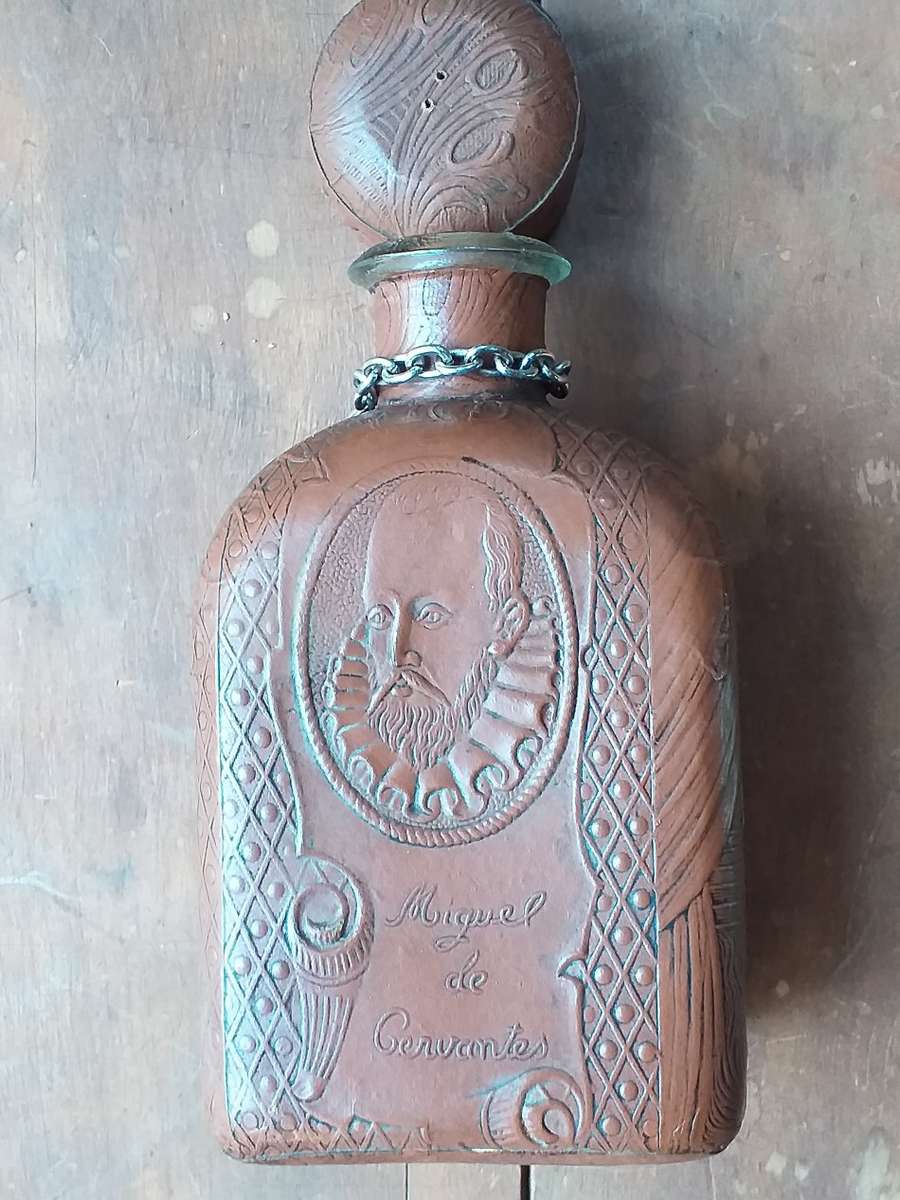 Miguel de Cervantes Leather Wrapped WHISKEY BOTTLE EMPTY Decanter 9" RARE Collectible