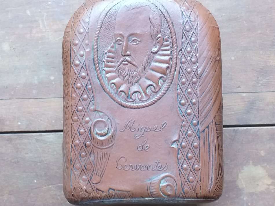 Miguel de Cervantes Leather Wrapped WHISKEY BOTTLE EMPTY Decanter 9" RARE Collectible