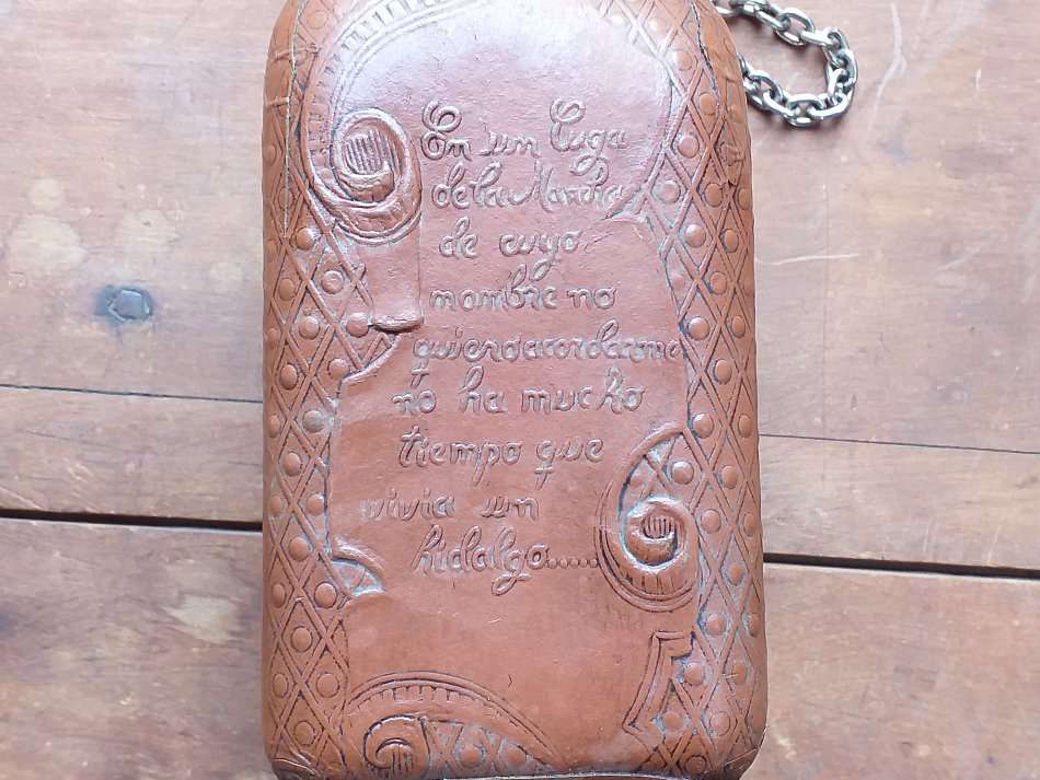 Miguel de Cervantes Leather Wrapped WHISKEY BOTTLE EMPTY Decanter 9" RARE Collectible