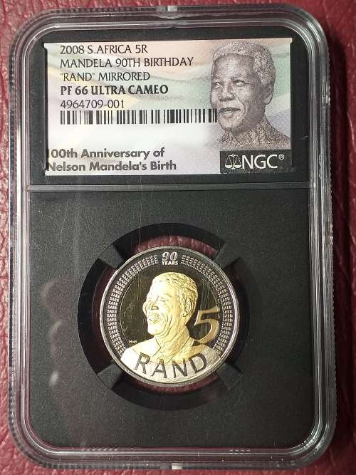 2008 5 RAND MANDELA 90TH BIRTHDAY - "RAND" MIRRORED - MANDELA LABEL NGC GRADED PF66 ULTRA CAMEO