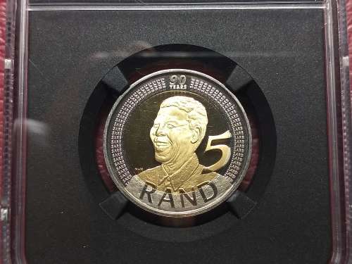 2008 5 RAND MANDELA 90TH BIRTHDAY - "RAND" MIRRORED - MANDELA LABEL NGC GRADED PF66 ULTRA CAMEO
