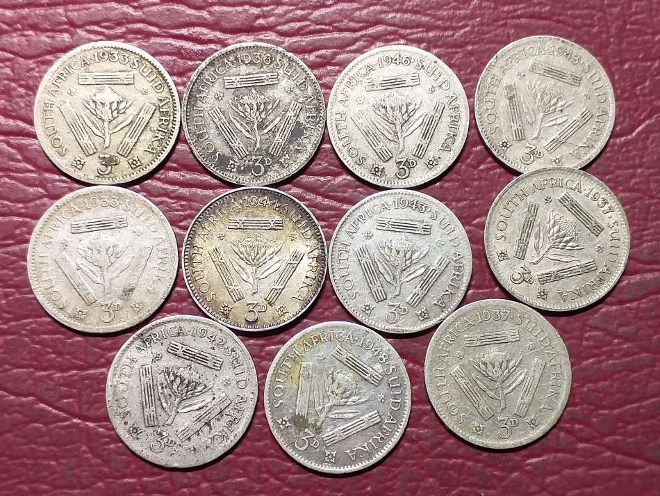 11 x SA UNION SILVER [80%] THREEPENCE'S - [Bid per coin to take all]