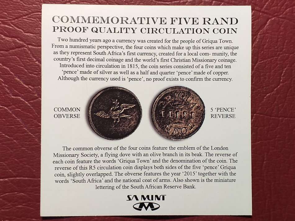 2015 RSA PROOF R5 BICENTENNIAL OF THE COINAGE OF GRIQUA TOWN WITH MAGNIFYING GLASS IN SPECIAL HOLDER