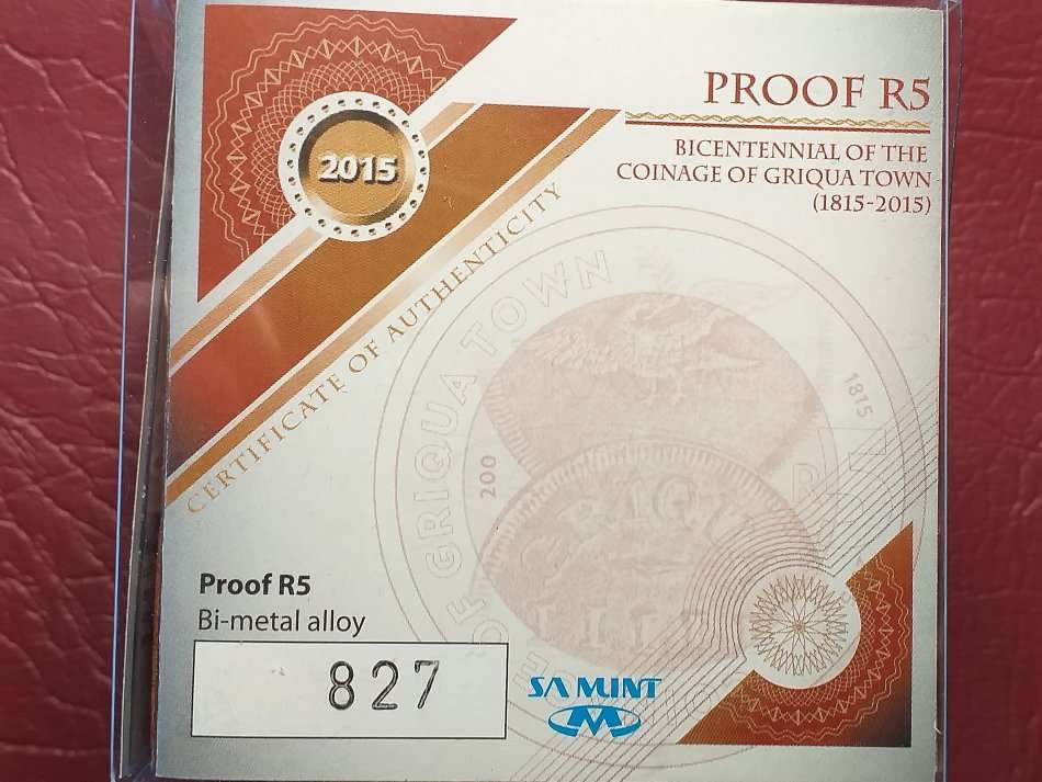 2015 RSA PROOF R5 BICENTENNIAL OF THE COINAGE OF GRIQUA TOWN WITH MAGNIFYING GLASS IN SPECIAL HOLDER