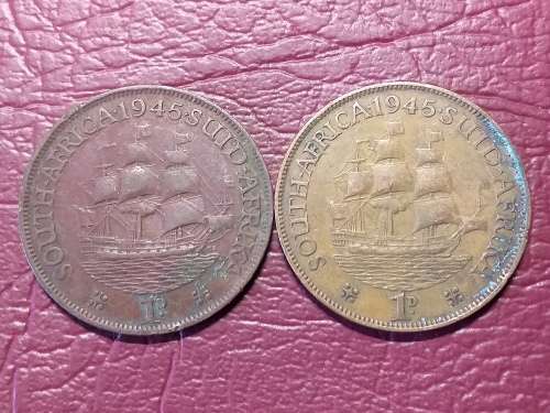 2 x 1945 SA UNION PENNIES - [Bid per coin to take both]
