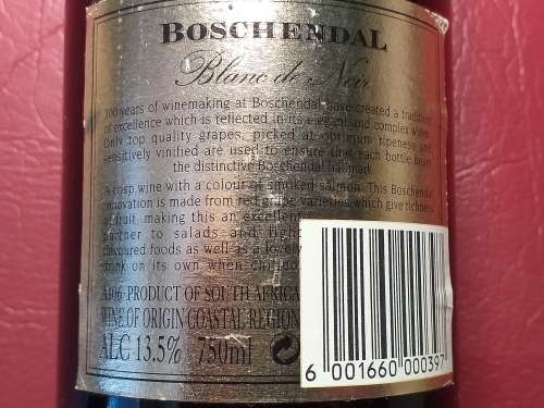 2000 BOSCHENDAL 750 ml BLANC DE NOIR - SEE DESCRIPTION