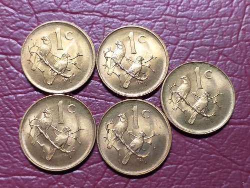 5 x 1976 RSA 1 CENT COINS - BRILLIANT UNCIRCULATED. - [Bid per coin to take all.]