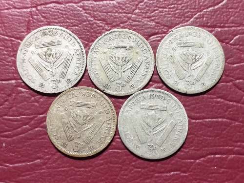 5 x SA UNION SILVER THREEPENCES - DIFFERENT DATES - [Bid per coin to take all]