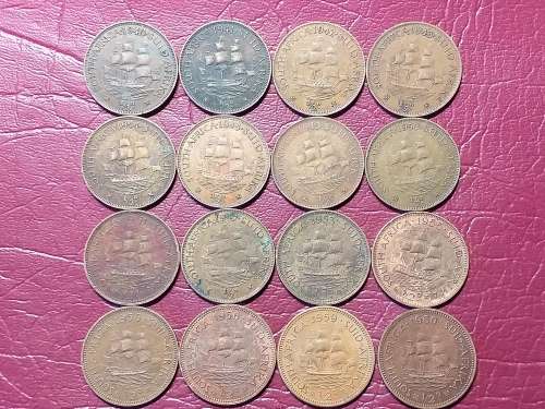 A LOT OF 16 SA UNION ½ PENNIES - ALL DIFFERENT DATES - [Bid per coin to take all.]