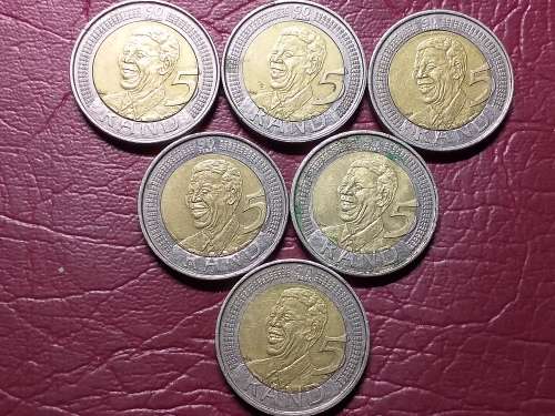 A LOT OF 6 x 2008 RSA  5 RAND MANDELA 90TH BIRTHDAY - [Bid per coin to take all.]