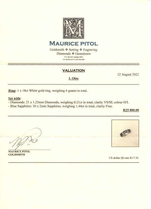 18 ct WHITE GOLD RING WITH DIAMONDS AND BLUE SAPPHIRES IN PERFECT CONDITION - VALUATION CERTIFICATE