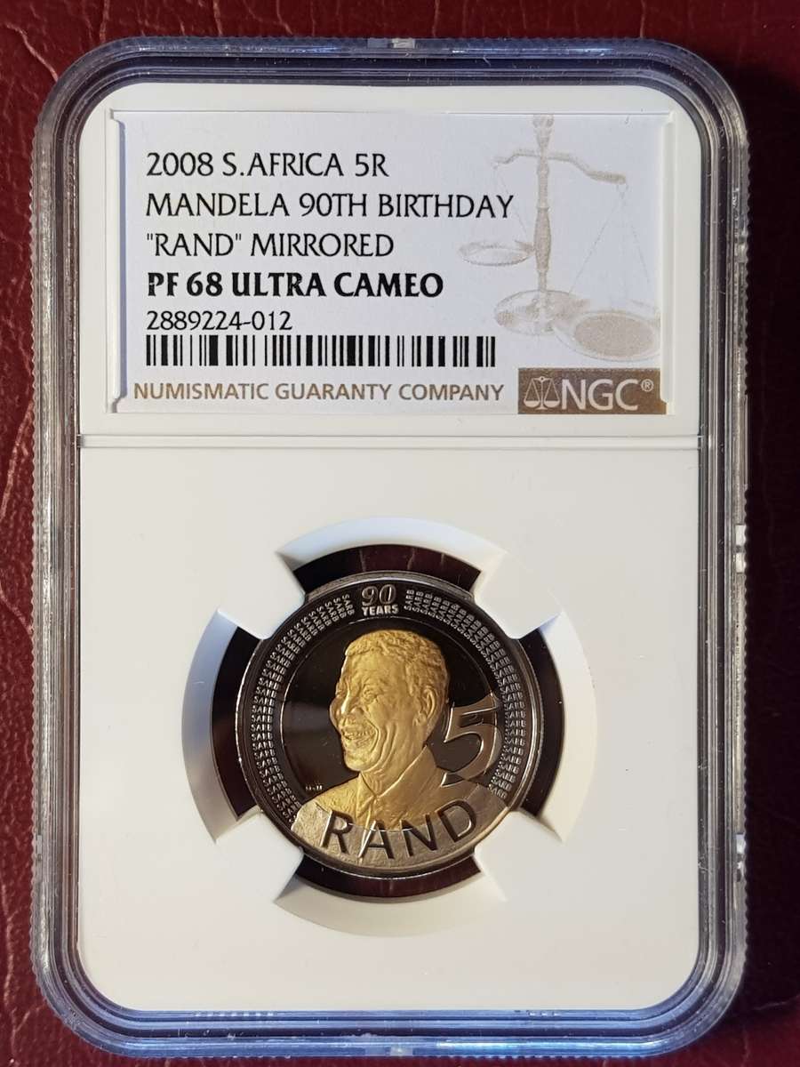 PF 68 ULTRA CAMEO NGC GRADED RSA 2008 R5 MIRRORED - MANDELA 90th BIRTHDAY