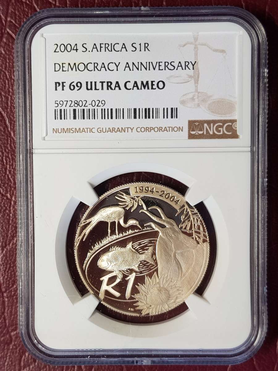 PF 69 ULTRA CAMEO NGC GRADED 2004 RSA SILVER R1 - DEMOCRACY ANNIVERSARY