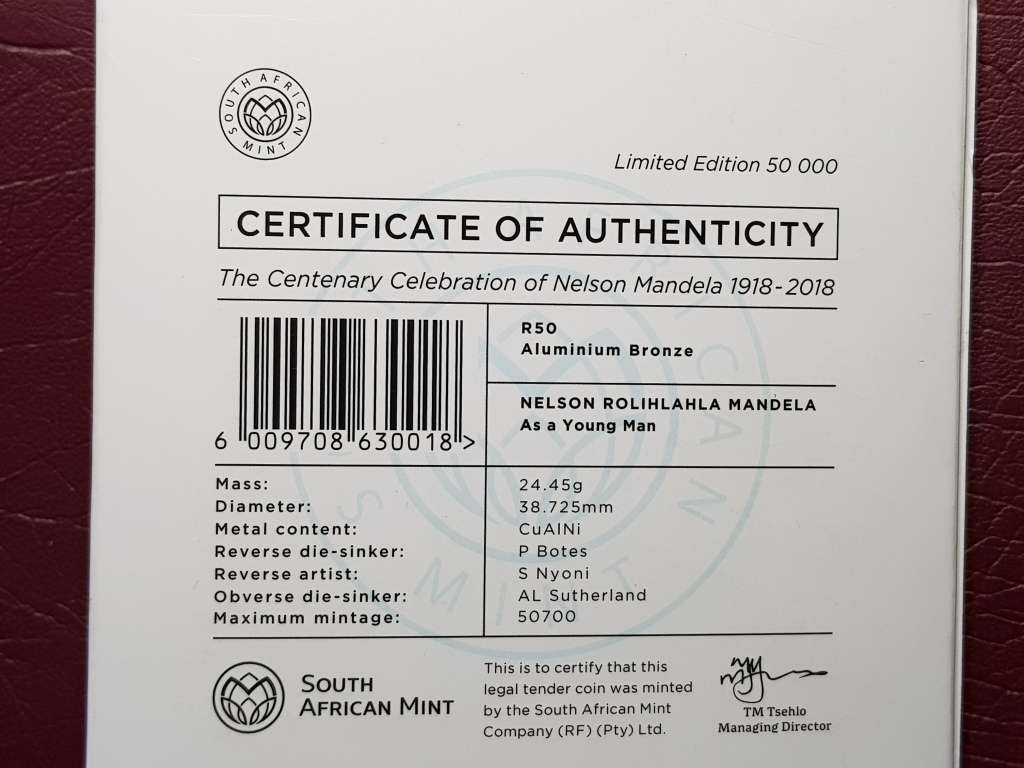 2018 RSA Aluminium Bronze R50 Nelson Mandela - As a young man - WITH COA - CAPSULED