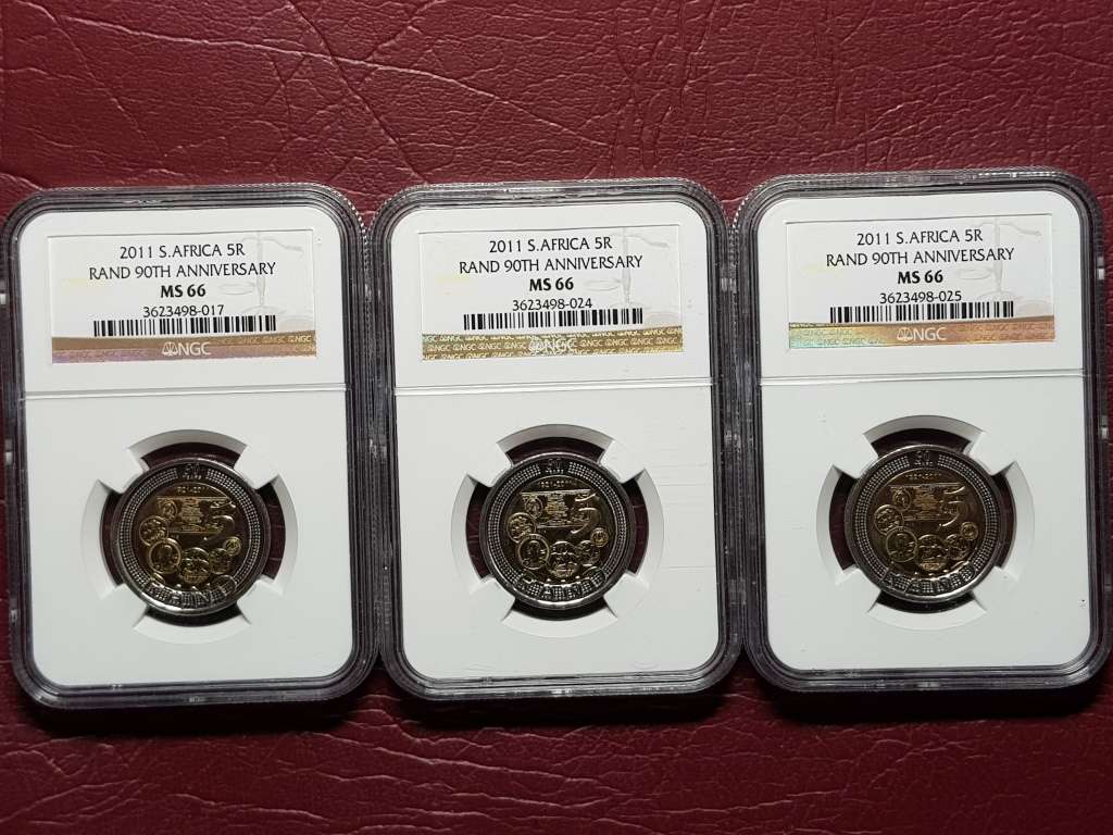 3 x 2011 RSA R5 90th ANNIVERSARY - NGC GRADED MS 66 - [Bid per coin to take all.]