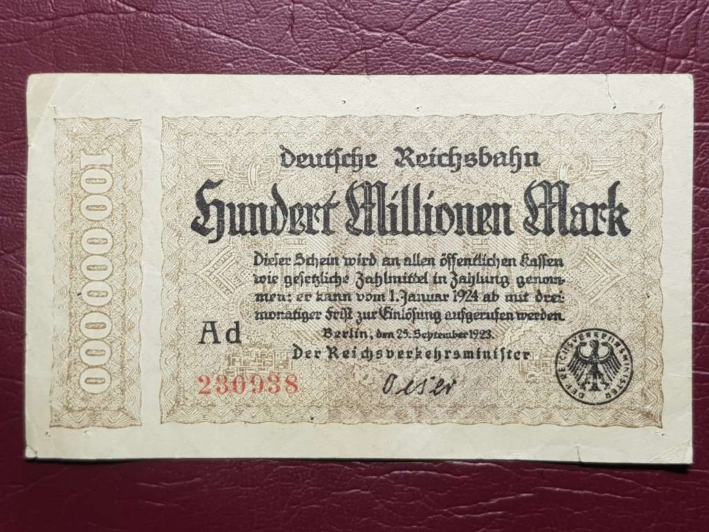 1923 Prussian Province of Berlin (German Notgeld) 100 000 000 Mark Deutsche Reichsbahn
