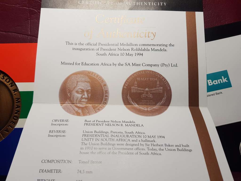 1994 Inauguration 195 g Toned Bronze Mandela Medallion With C.O.A.