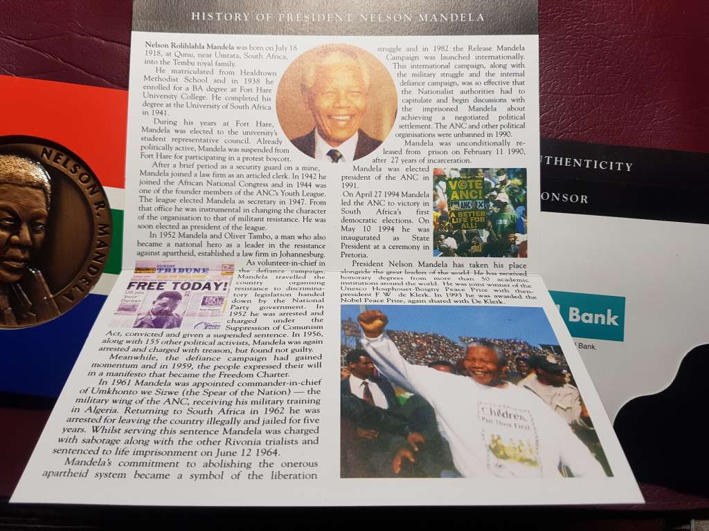 1994 Inauguration 195 g Toned Bronze Mandela Medallion With C.O.A.