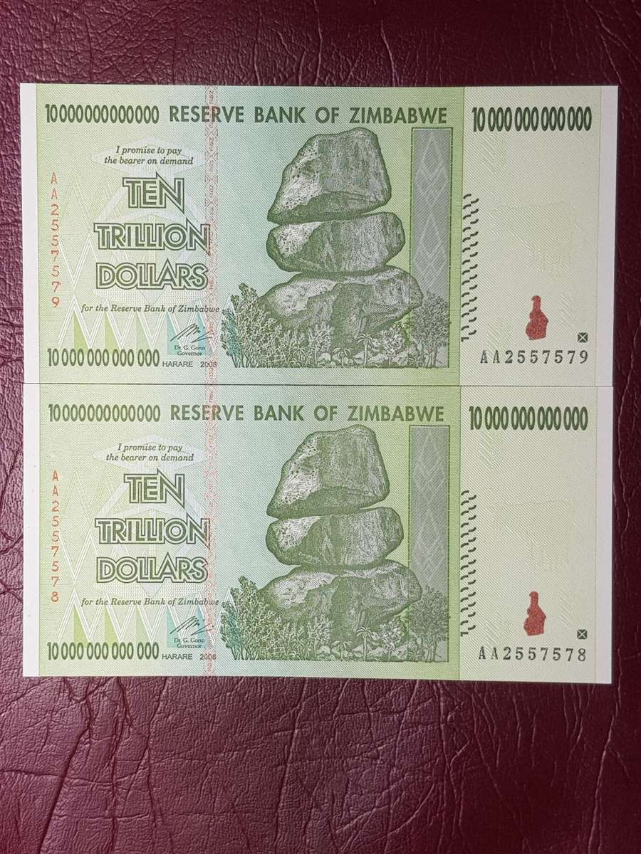 2 x 2008 Zimbabwe 10 Trillion Dollars Notes In Sequence - AA - Harare - Bird WTM - UNC