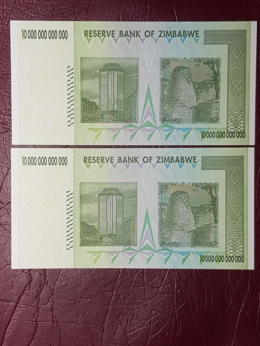 2 x 2008 Zimbabwe 10 Trillion Dollars Notes In Sequence - AA - Harare - Bird WTM - UNC