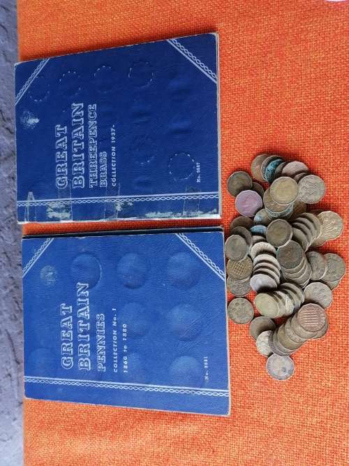 BRITISH PENNIES AND THREEPENCE BOOKS AND 66X THREEPENCE COINS (LOOSE) bid per item to take all