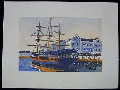 AN ORIGINAL WATERCOLOR ( WATERFRONT ) SIGNED BY THE ARTIST , PETER MILLS