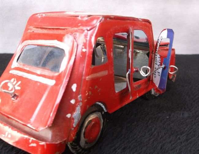 A VINTAGE HAND MADE TIN METAL CAR ORNAMENT ...OPENING DOORS AND BONNET ...AFRICAN ART