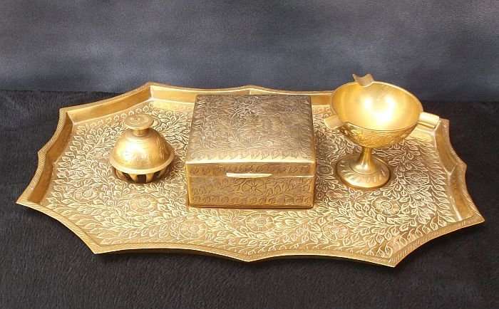 MADE IN BRITISH INDIA ...A RARE SOLID BRASS 4 PIECE SMOKERS SET