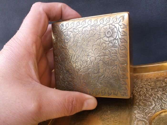 MADE IN BRITISH INDIA ...A RARE SOLID BRASS 4 PIECE SMOKERS SET