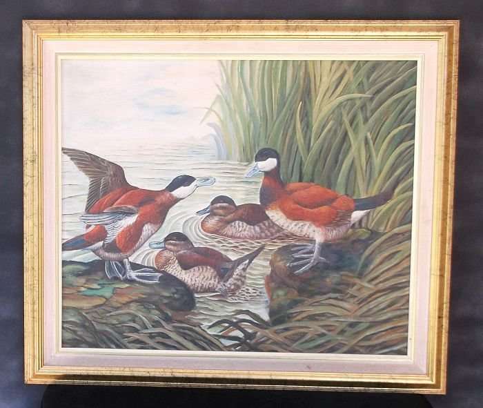 A BEAUTIFUL ORIGINAL OIL ON BOARD DEPICTING DUCKS AT A POND SIGNED BY THE ARTIST R. ALAN