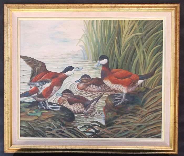 A BEAUTIFUL ORIGINAL OIL ON BOARD DEPICTING DUCKS AT A POND SIGNED BY THE ARTIST R. ALAN