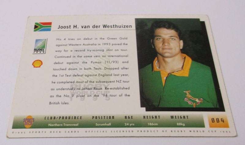 1995 RUGBY WORLD CUP TRADING CARD - SOUTH AFRICA - JOOST VAN DER WESTHUIZEN