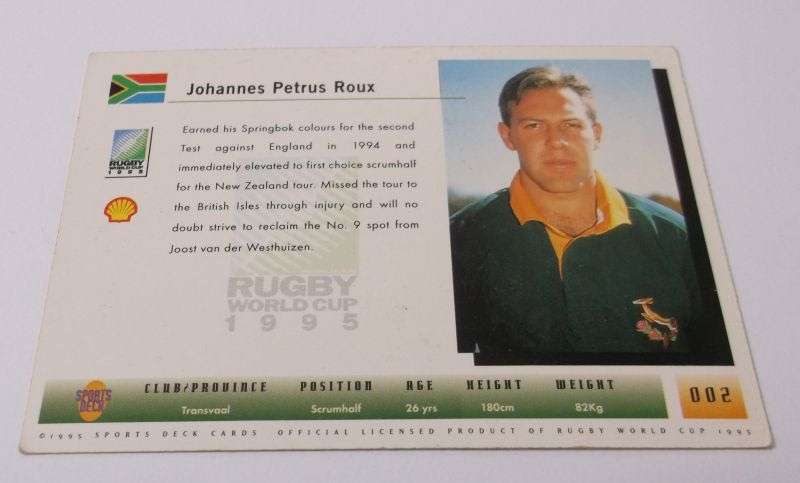 1995 RUGBY WORLD CUP TRADING CARD - SOUTH AFRICA - JOHAN ROUX