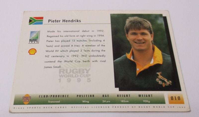 1995 RUGBY WORLD CUP TRADING CARD - SOUTH AFRICA - PIETER HENDRIKS