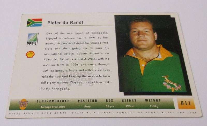 1995 RUGBY WORLD CUP TRADING CARD - SOUTH AFRICA - PIETER DU RANDT