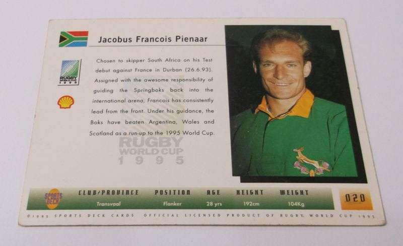 1995 RUGBY WORLD CUP TRADING CARD - SOUTH AFRICA - FRANCOIS PIENAAR